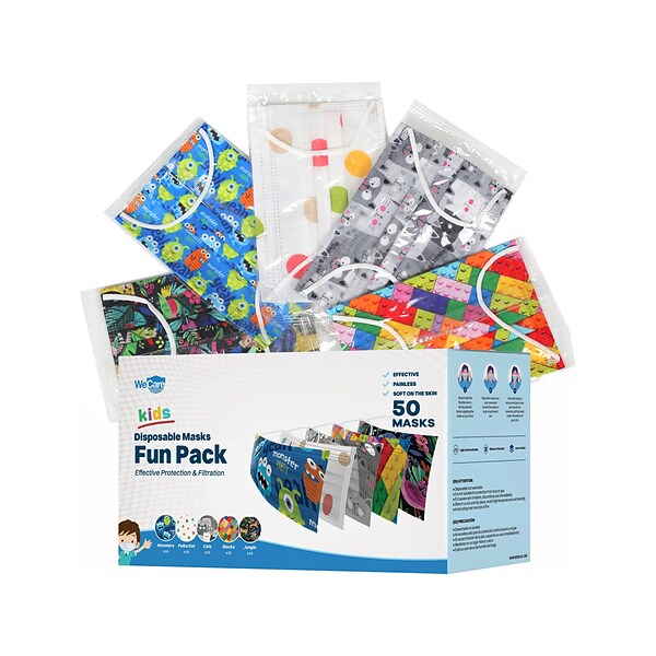WeCare Fun Individually Wrapped Disposable Face Masks, 3-Ply, Kids, Assorted Colors, 50/Box (WMN100062)