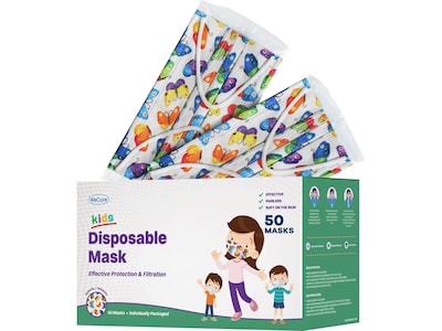 WeCare Individually Wrapped Disposable Face Mask, 3-Ply, Kids, Butterfly, 50/Box (WMN100075)