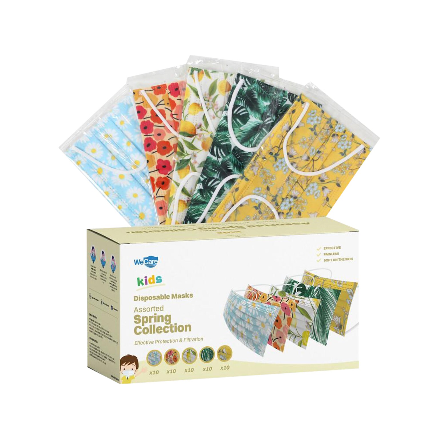 WeCare Disposable Face Masks, 3-Ply, Kids, Assorted Spring Designs, 50/Box (WMN100083)