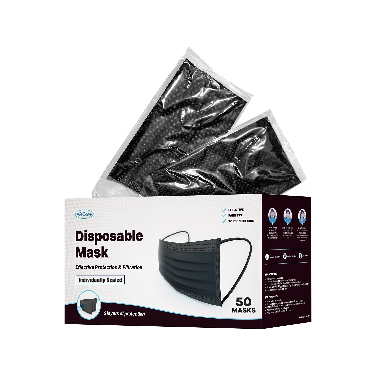 WeCare Disposable Face Mask, 3-Ply, Adult, Black, 50/Box (WMN100006)