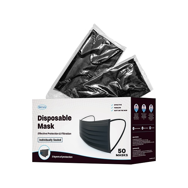 WeCare Disposable Face Mask, 3-Ply, Adult, Black, 50/Box (WMN100006)