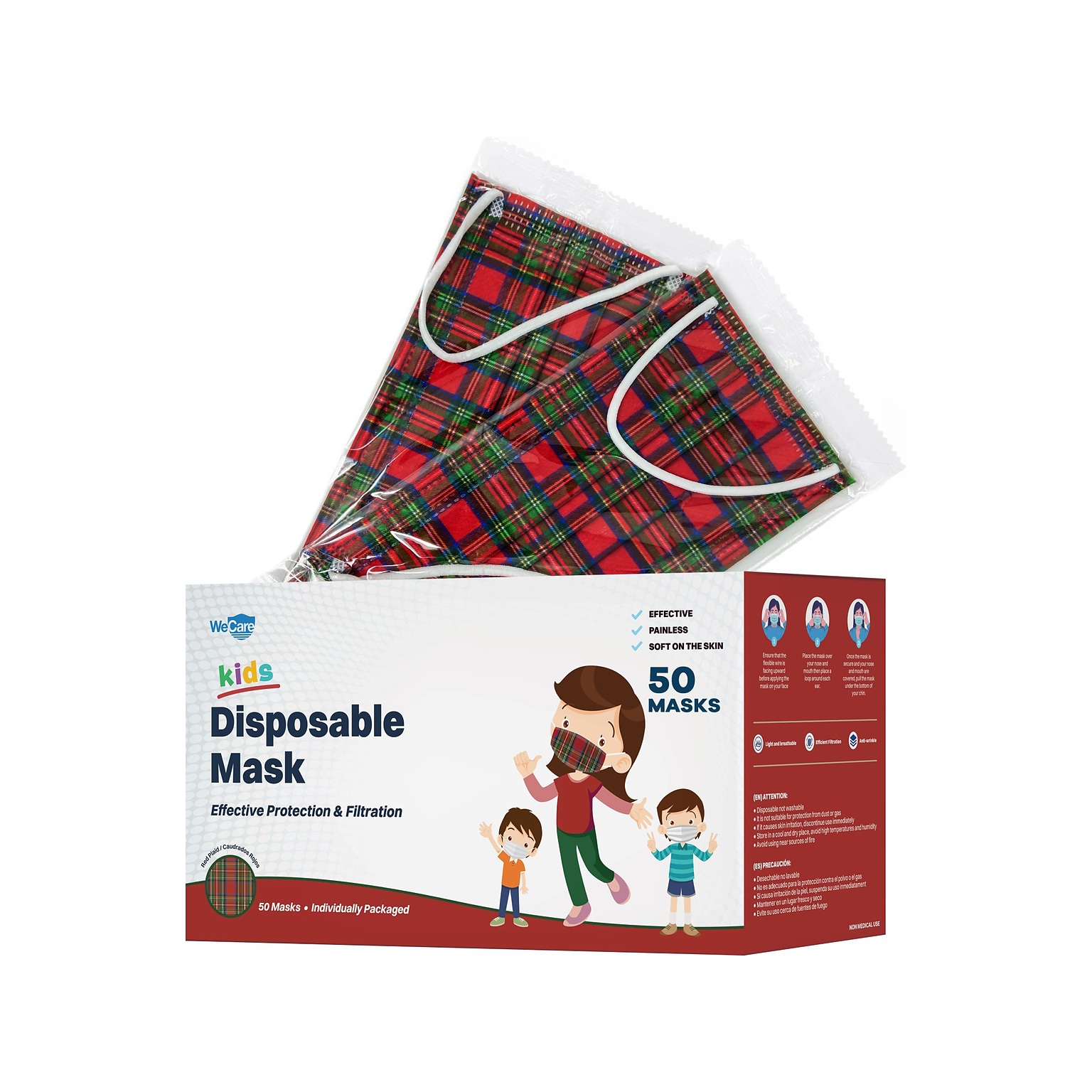 WeCare Disposable Face Mask, 3-Ply, Kids, Plaid, 50/Box (WMN100051)