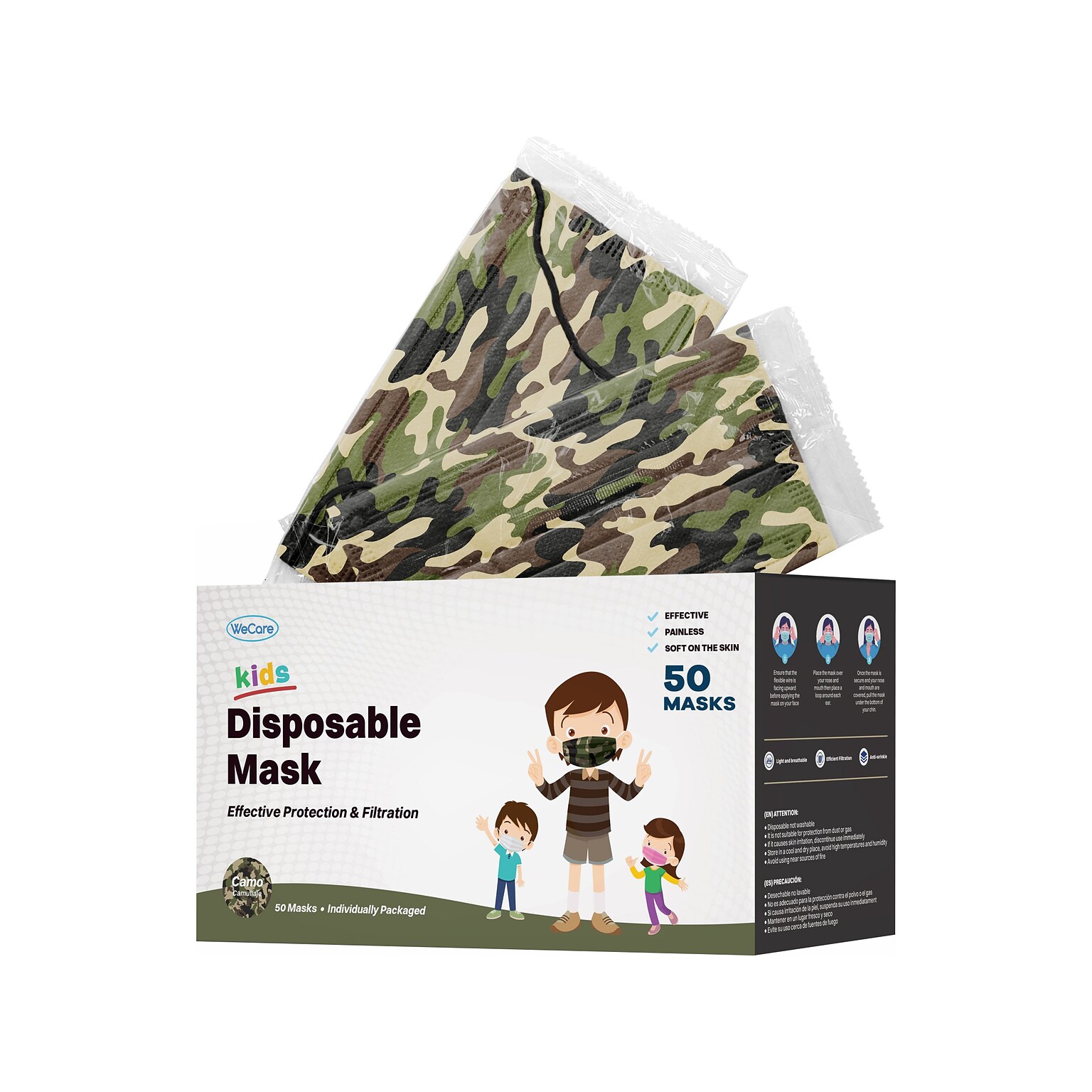 WeCare Disposable Face Mask, 3-Ply, Kids, Camo, 50/Box (WMN100028)