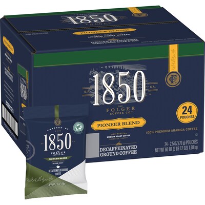 1850 Pioneer Blend Decaf Ground Coffee, Fraction Pack,Medium Roast, 2.5 oz., 24/Carton (SMU21513)