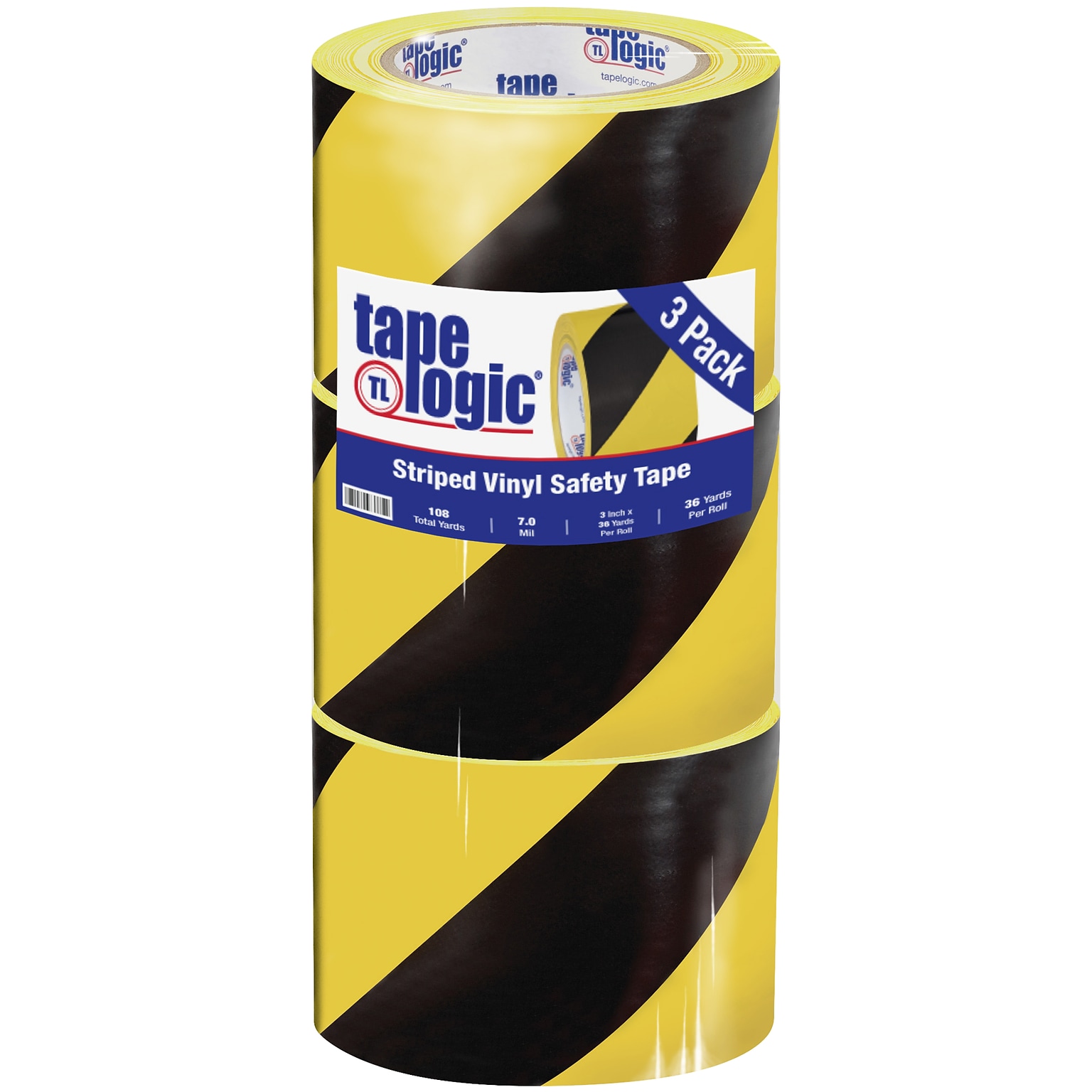 Tape Logic 3 x 36 yds. Striped Vinyl Safety Tape, Black/Yellow, 3/Pack (T93363PKBY)