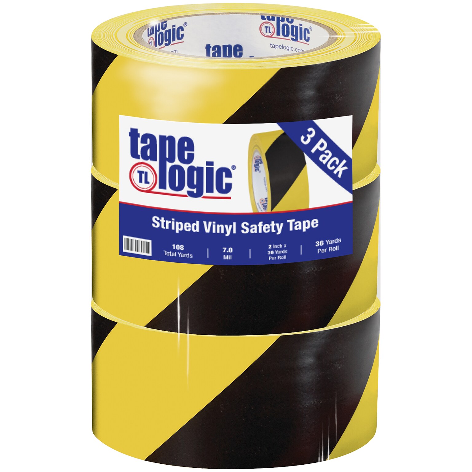 Tape Logic 2 x 36 yds. Striped Vinyl Safety Tape, Black/Yellow, 3/Pack (T92363PKBY)