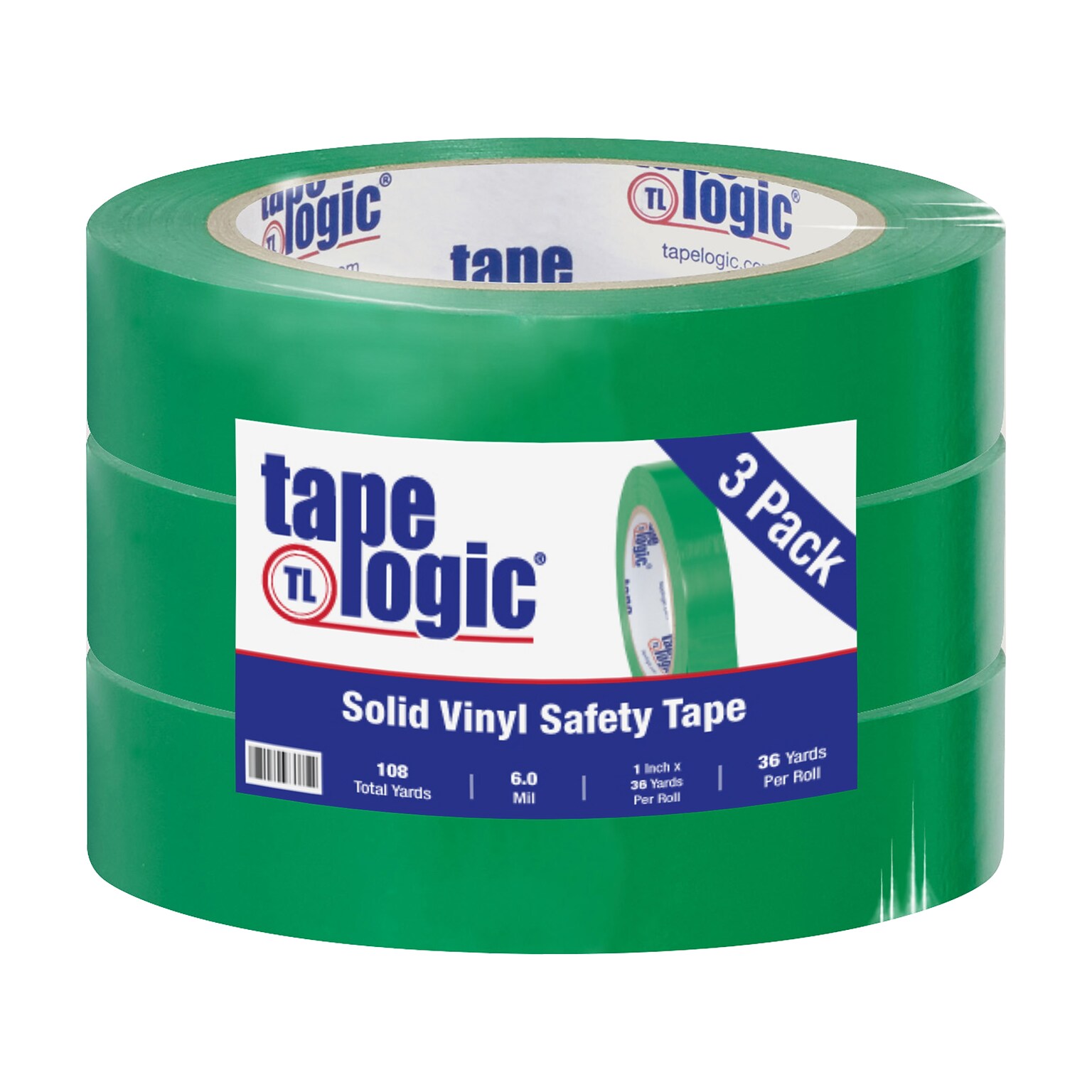 Tape Logic 1 x 36 yds. Solid Vinyl Safety Tape, Green,  3/Pack (T91363PKG)