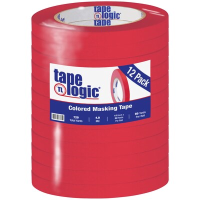 Tape Logic® Colored Masking Tape, 4.9 Mil, 1/2 x 60 yds., Red, 12/Case (T93300312PKR)
