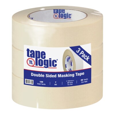 Tape Logic® Double Sided Masking Tape, 7 Mil, 1 1/2 x 36 yds., Tan, 3/Case (T9561003PK)