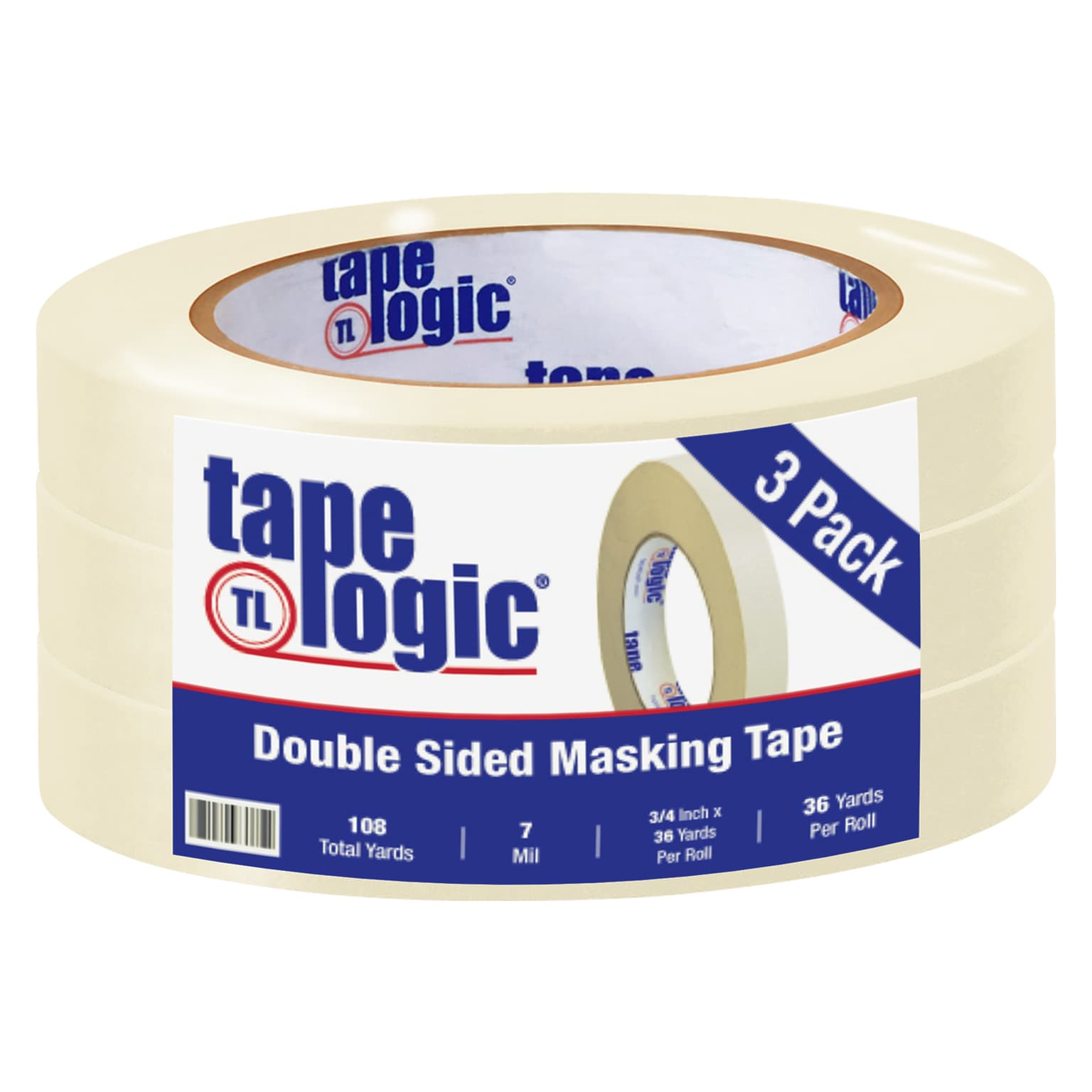 Tape Logic® Double Sided Masking Tape, 7 Mil, 3/4 x 36 yds., Tan, 3/Case (T9541003PK)