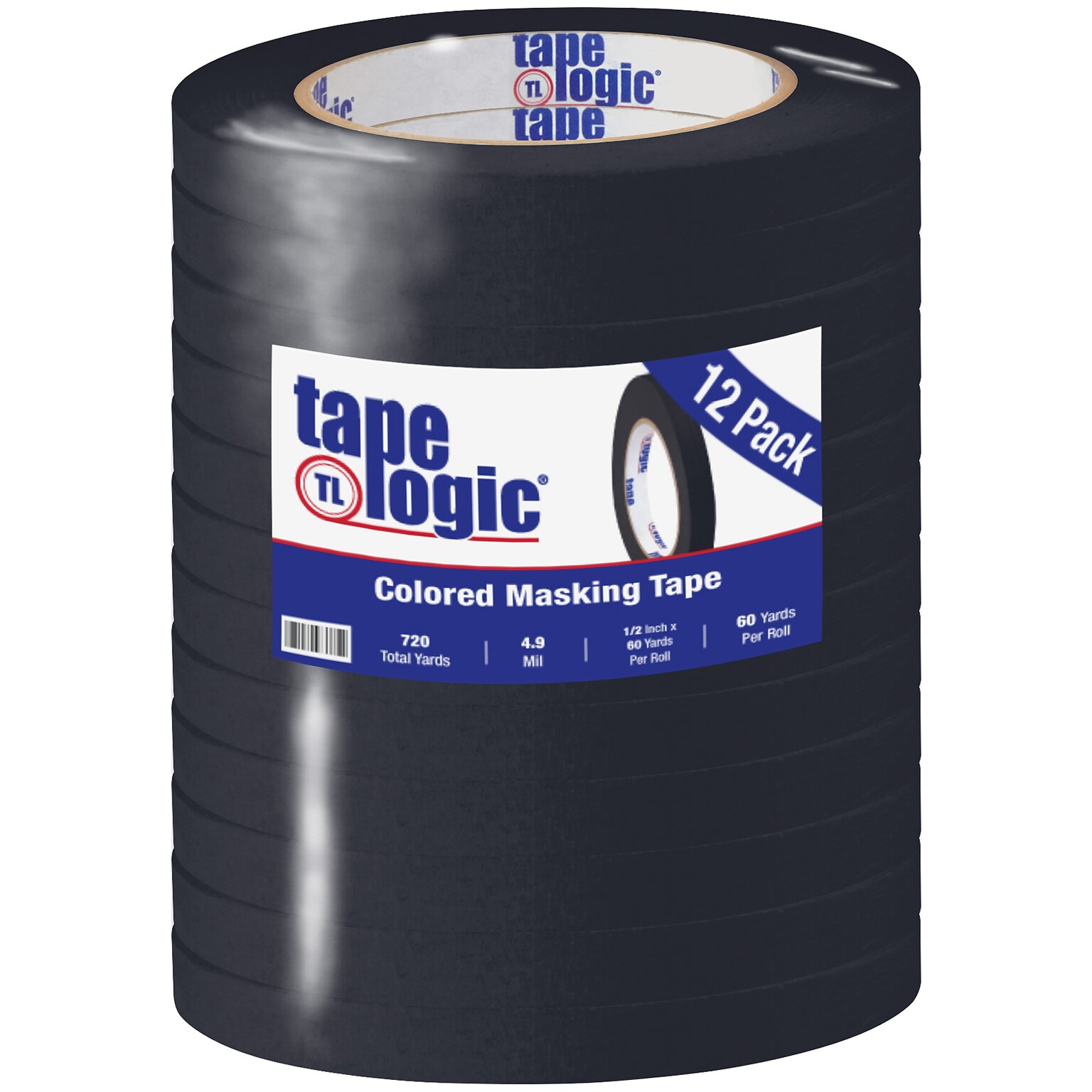 Tape Logic® Colored Masking Tape, 4.9 Mil, 1/2 x 60 yds., Black, 12/Case (T93300312PKB)