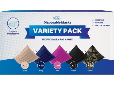 WeCare Individually Wrapped Disposable Face Masks, 3-Ply, Adult, Assorted Colors, 50/Box (WMN100026)