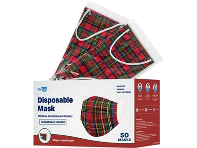 WeCare Individually Wrapped  Disposable Face Mask, 3-Ply, Adult, Red Plaid, 50/Box (WMN100050)