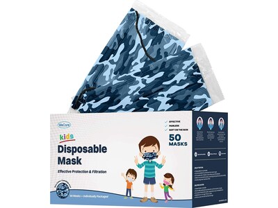 WeCare Individually Wrapped  Disposable Face Mask, 3-Ply, Kids, Blue Camo, 50/Box (WMN100042)