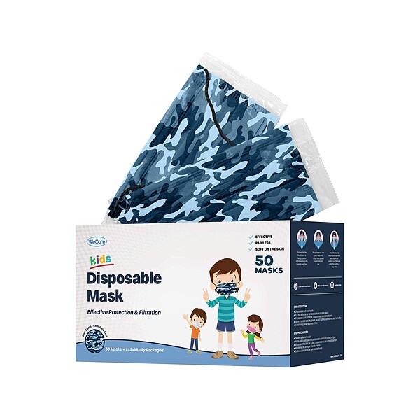 WeCare Individually Wrapped  Disposable Face Mask, 3-Ply, Kids, Blue Camo, 50/Box (WMN100042)
