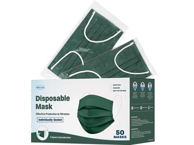 WeCare Individually Wrapped  Disposable Face Mask, 3-Ply, Adult, Hunter Green, 50/Box (WMN100059)