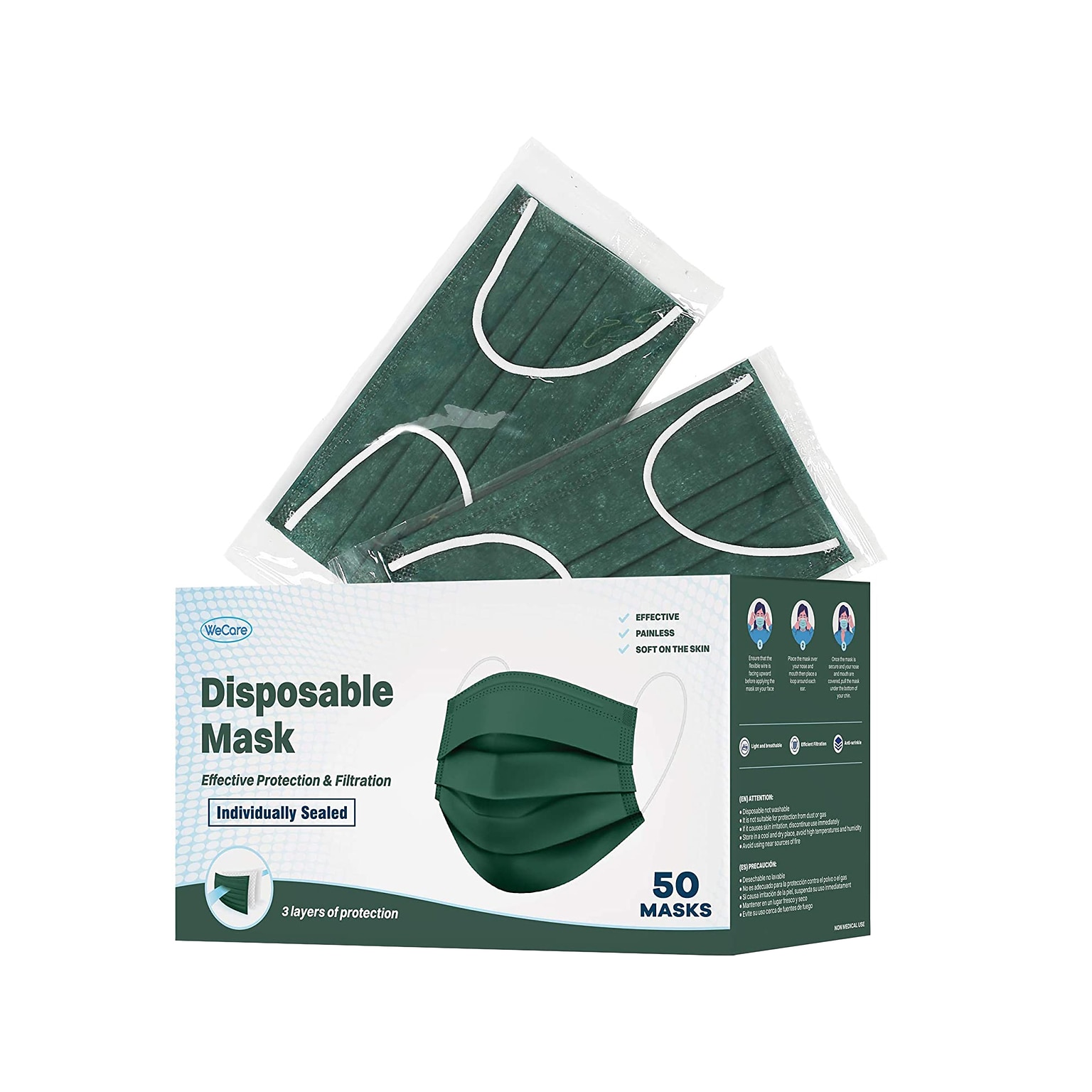 WeCare Individually Wrapped  Disposable Face Mask, 3-Ply, Adult, Hunter Green, 50/Box (WMN100059)