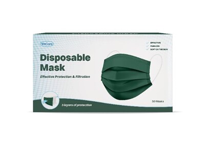 WeCare Individually Wrapped  Disposable Face Mask, 3-Ply, Adult, Hunter Green, 50/Box (WMN100059)