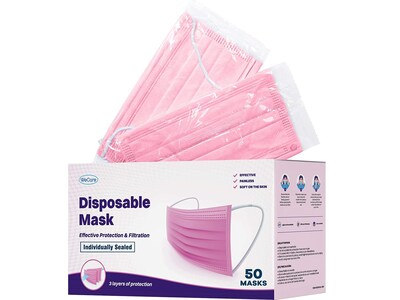WeCare Individually Wrapped  Disposable Face Mask, 3-Ply, Adult, Hot Pink, 50/Box (WMN100007)