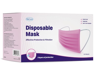 WeCare Individually Wrapped  Disposable Face Mask, 3-Ply, Adult, Hot Pink, 50/Box (WMN100007)