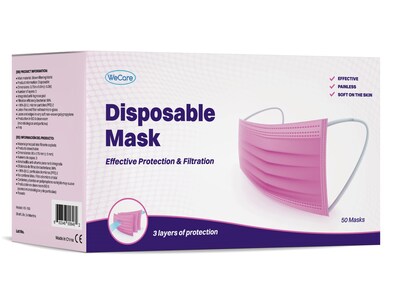 WeCare Individually Wrapped  Disposable Face Mask, 3-Ply, Adult, Hot Pink, 50/Box (WMN100007)