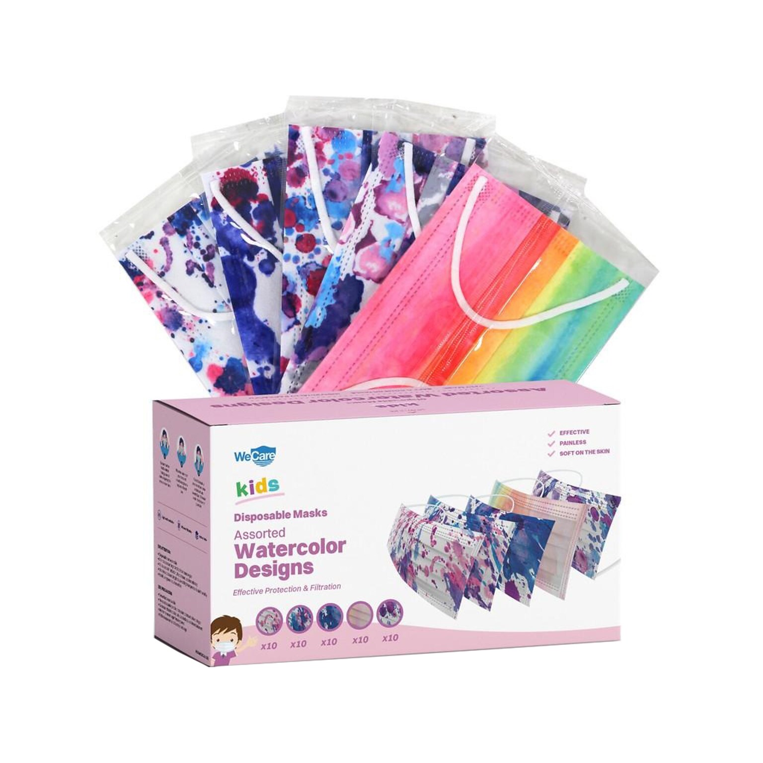 WeCare Individually Wrapped Disposable Face Masks, 3-Ply, Kids, Multicolor, 50/Box (WMN100084)