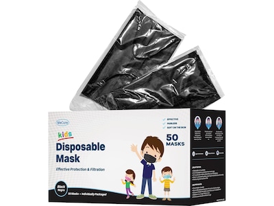 WeCare Individually Wrapped Disposable Face Mask, 3-Ply, Kids, Black, 50/Box (WMN100031)
