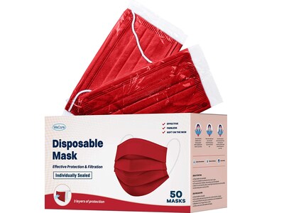 WeCare Individually Wrapped Disposable Face Mask, 3-Ply, Adult, Red, 50/Box (WMN100021)