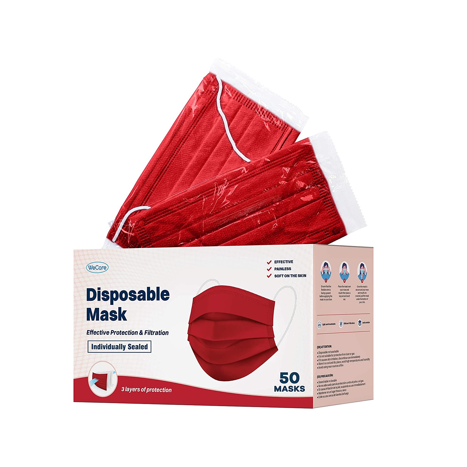 WeCare Individually Wrapped Disposable Face Mask, 3-Ply, Adult, Red, 50/Box (WMN100021)