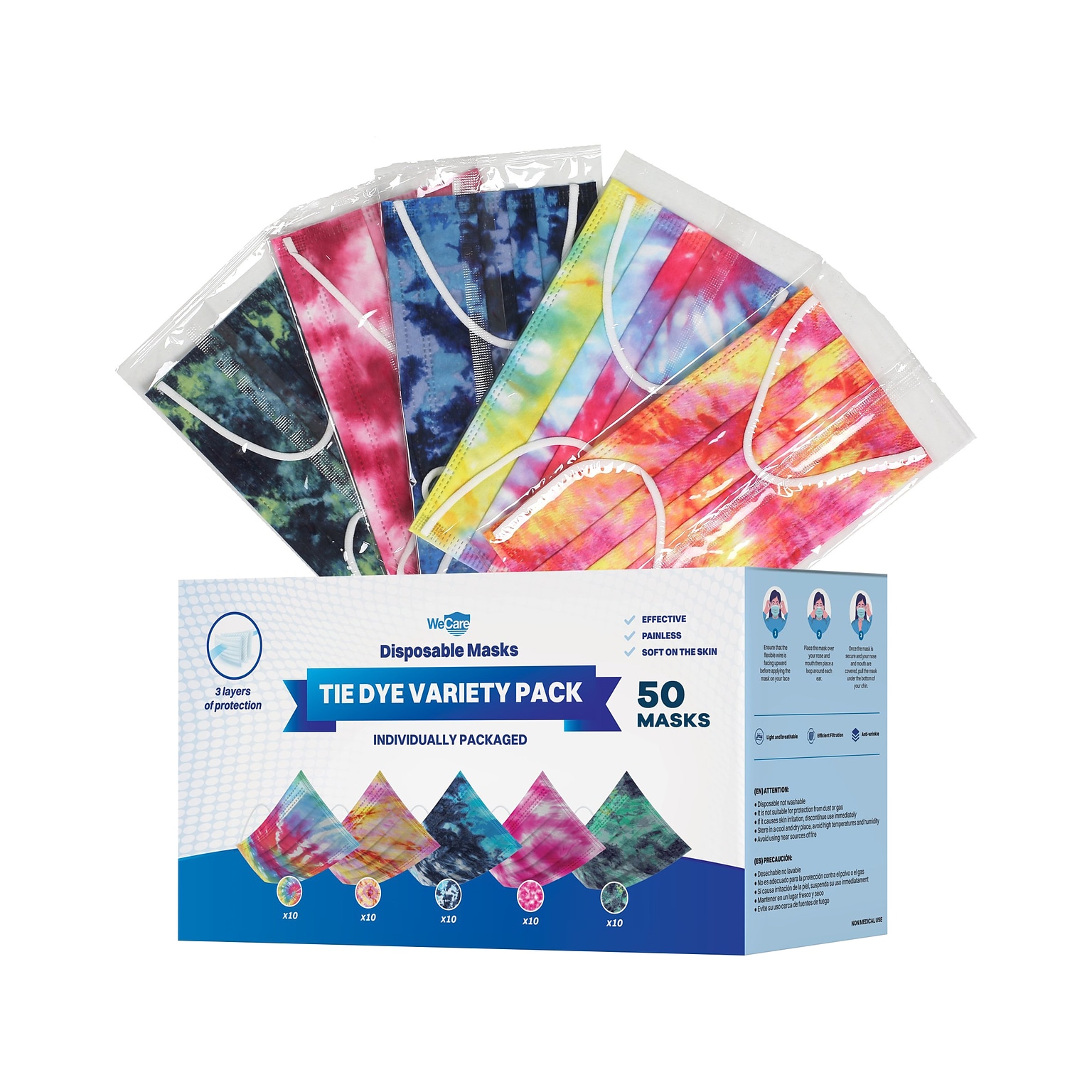 WeCare Individually Wrapped Disposable Face Masks, 3-Ply, Adult, Assorted Colors, 50/Box (WMN100060)