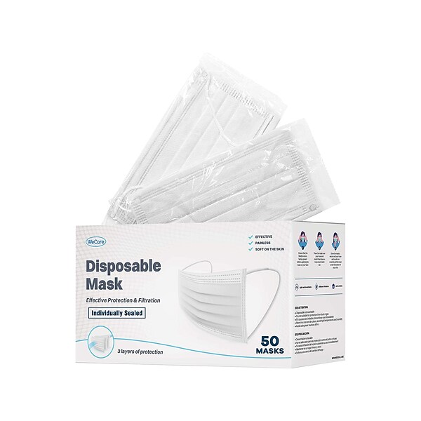 WeCare Individually Wrapped Disposable Face Mask, 3-Ply, Adult, White, 50/Box (WMN100018)