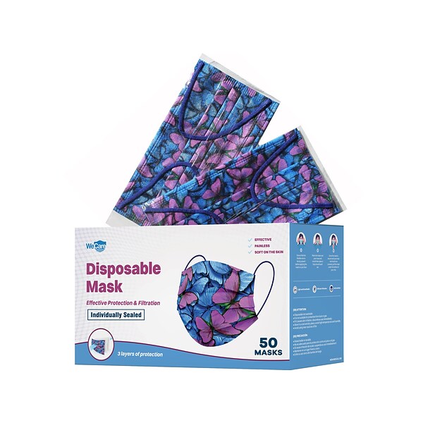 WeCare Individually Wrapped Disposable Face Mask, 3-Ply, Adult, Butterfly, 50/Box (WMN100074)