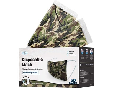 WeCare Individually Wrapped Disposable Face Mask, 3-Ply, Adult, Green Camo, 50/Box (WMN100019)