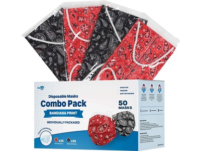 WeCare Individually Wrapped Disposable Face Masks, 3-Ply, Adult, Red Bandana/Black Bandana, 50/Box (WMN100069)