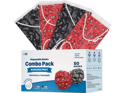 WeCare Individually Wrapped Disposable Face Masks, 3-Ply, Adult, Red Bandana/Black Bandana, 50/Box (