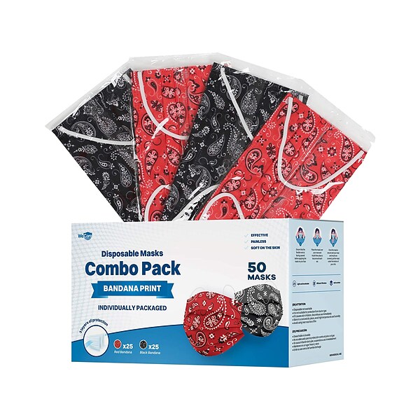 WeCare Individually Wrapped Disposable Face Masks, 3-Ply, Adult, Red Bandana/Black Bandana, 50/Box (WMN100069)
