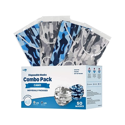 WeCare Disposable Face Masks, 3-Ply, Adult, Blue Camo/White Camo, 50/Box (WMN100068)