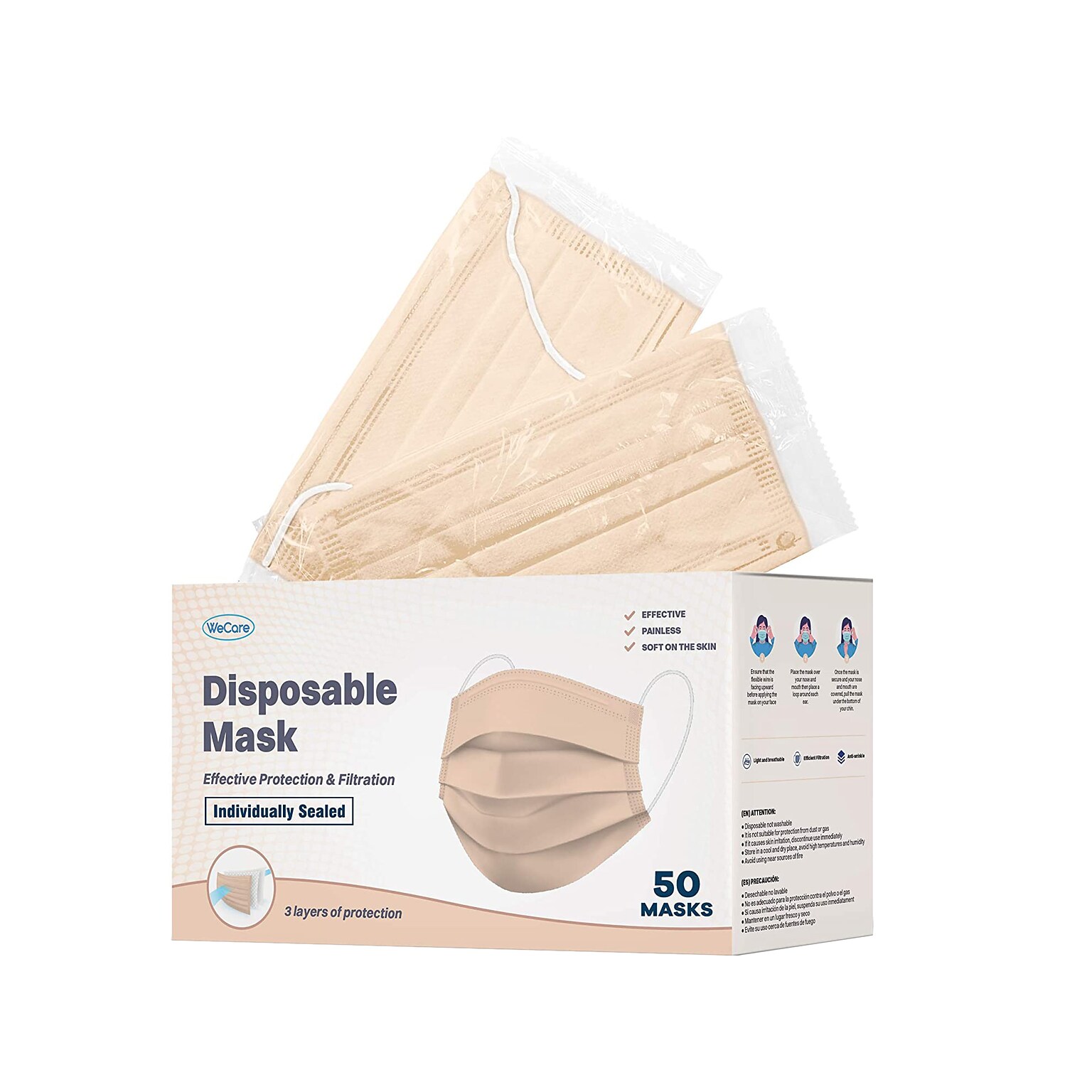 WeCare Disposable Face Mask, 3-Ply, Adult, Nude, 50/Box (WMN100023)