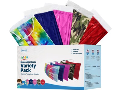 WeCare Variety Pack Disposable Face Masks, 3-Ply, Kids, Assorted Colors, 50/Box (WMN100027)