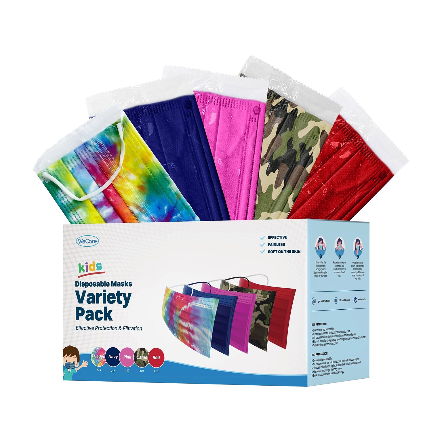 WeCare Variety Pack Disposable Face Masks, 3-Ply, Kids, Assorted Colors, 50/Box (WMN100027)