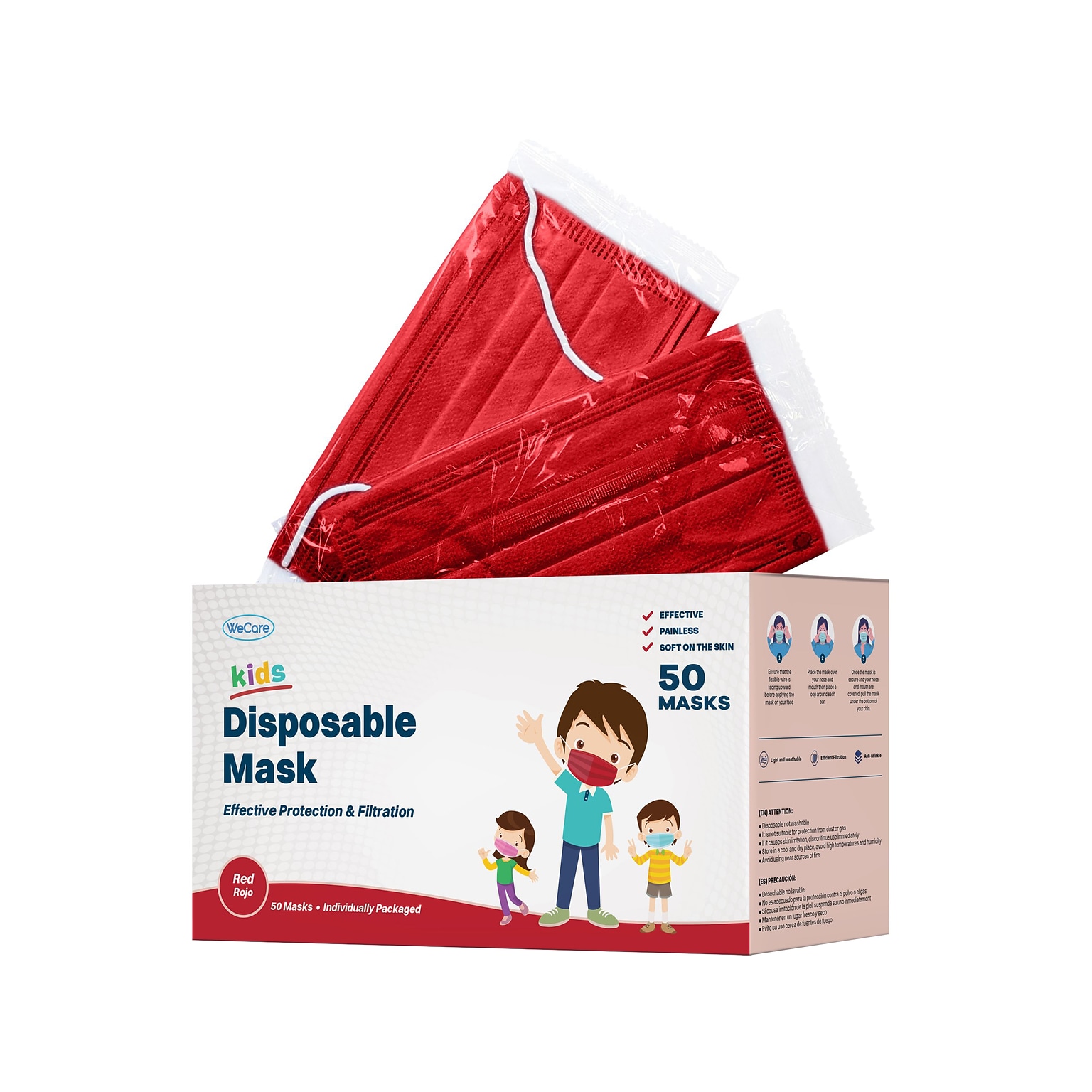 WeCare Disposable Face Mask, 3-Ply, Kids, Red, 50/Box (WMN100029)