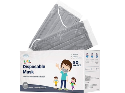 WeCare Individually Wrapped  Disposable Face Mask, 3-Ply, Kids, Gray, 50/Box (WMN100009)