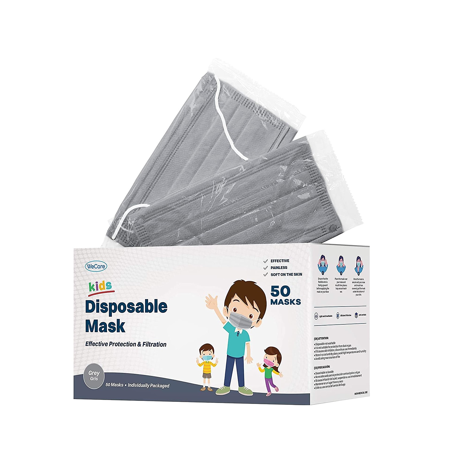 WeCare Individually Wrapped  Disposable Face Mask, 3-Ply, Kids, Gray, 50/Box (WMN100009)