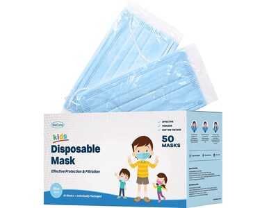 WeCare Individually Wrapped Disposable Face Mask, 3-Ply, Kids, Blue, 50/Box (WMN100010)