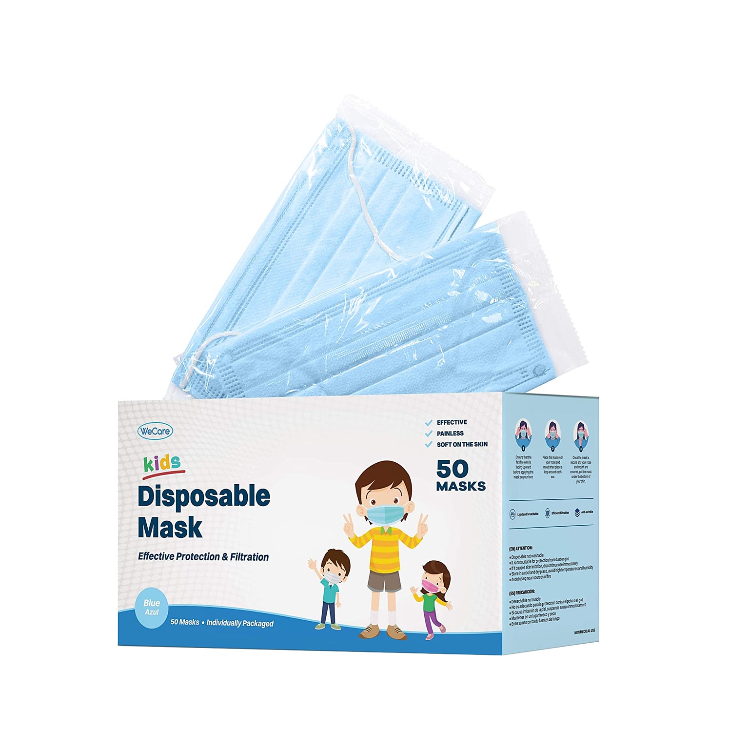 WeCare Individually Wrapped Disposable Face Mask, 3-Ply, Kids, Blue, 50/Box (WMN100010)