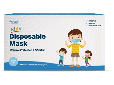 WeCare Individually Wrapped Disposable Face Mask, 3-Ply, Kids, Blue, 50/Box (WMN100010)