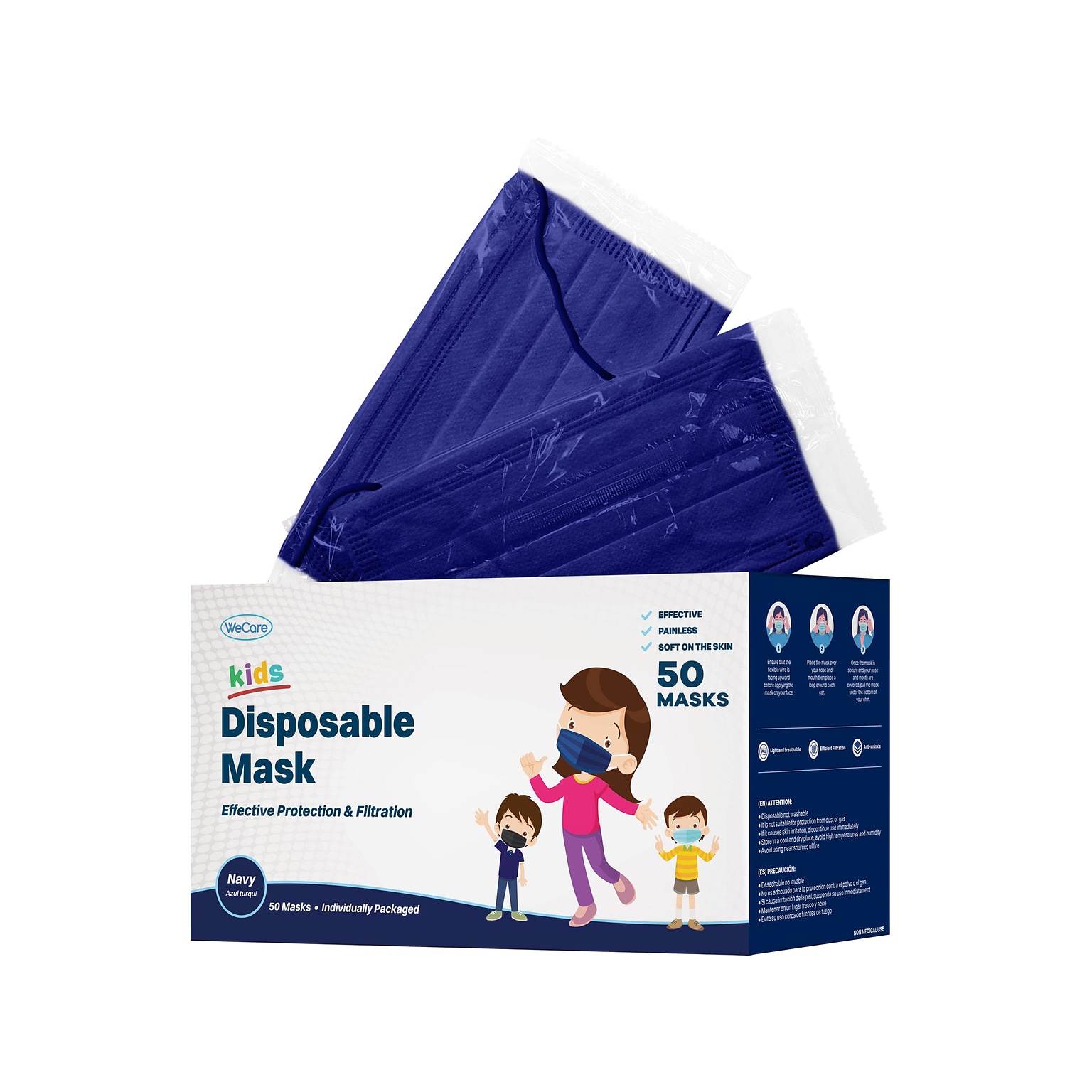 WeCare Disposable Face Mask, 3-Ply, Kids, Navy, 50/Box (WMN100030)