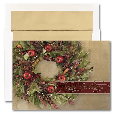 JAM Paper® Blank Holiday Christmas Card Set, Happy Holidays Wreath, 25/pack (526M1537WB)
