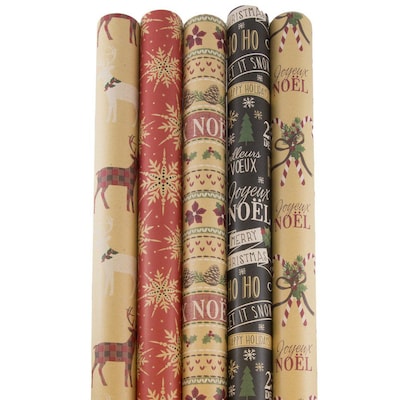 JAM Paper® Kraft Wrapping Paper Rolls - 125 sq ft. - Kraft Christmas Set - 5 Rolls/Pack