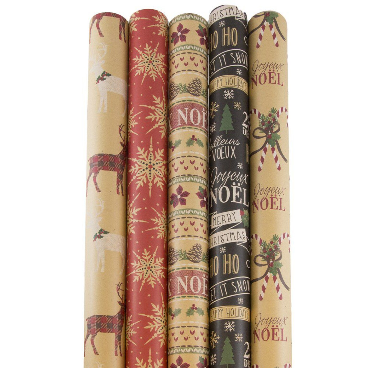 JAM Paper® Kraft Wrapping Paper Rolls - 125 sq ft. - Kraft Christmas Set - 5 Rolls/Pack